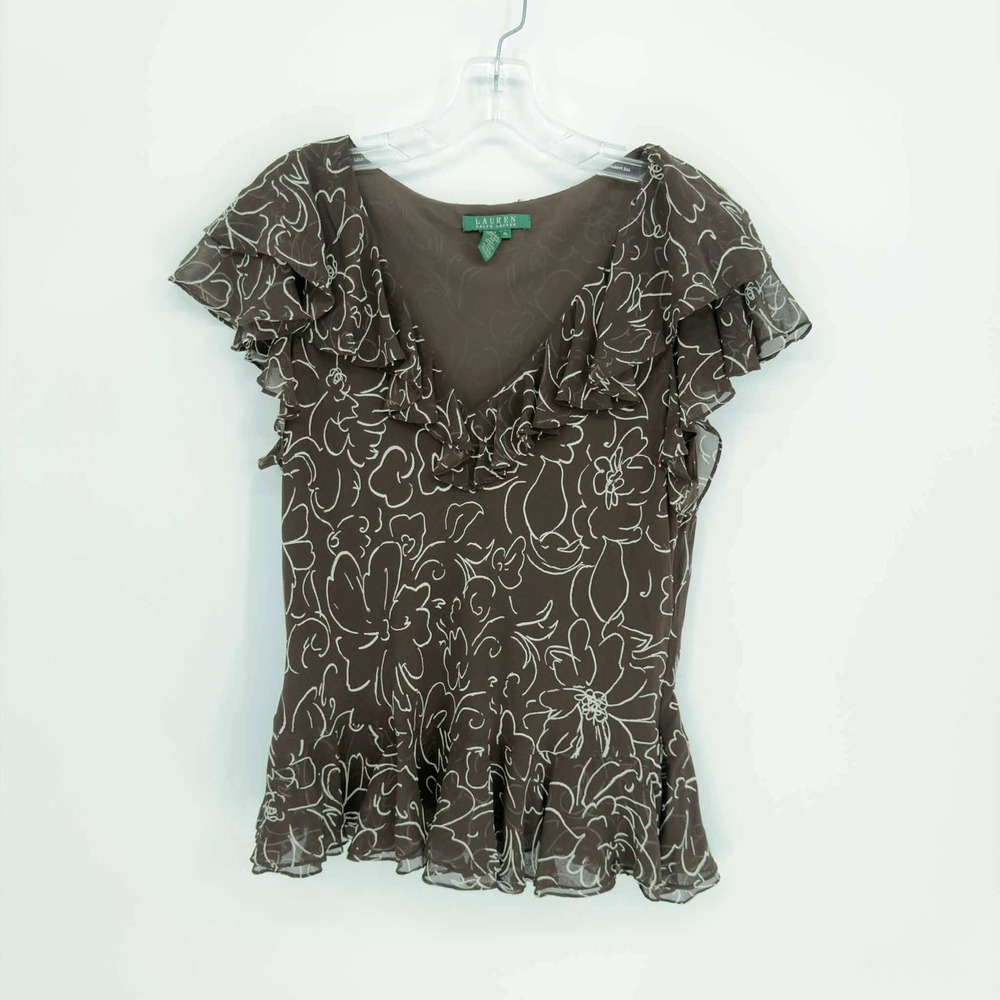 Lauren Ralph Lauren Women's Brown Floral Silk Ruffle V-Neck Blouse Size XL